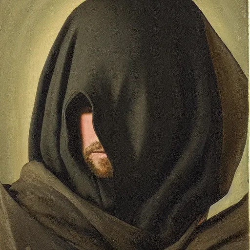 Prompt: a portrait of a man wearing a long dark cloak, hood and shadows covering face, oil painting, high detail