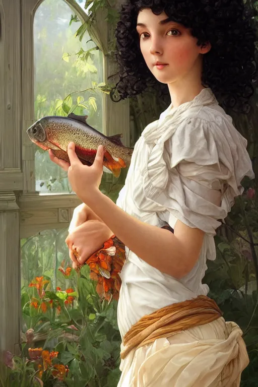 Prompt: beautiful cottagecore of a girl with short black curly hair, round face, cute face, holding a salmon-coloured vase. intricate, elegant. highly detailed, digital painting, artstation, concept art, smooth, sharp, focus, illustration. . art by artgerm and greg rutkowski and alphonse mucha