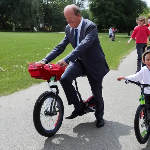 Prompt: chancellor of germany olaf scholz riding a tiny childrens bycicle