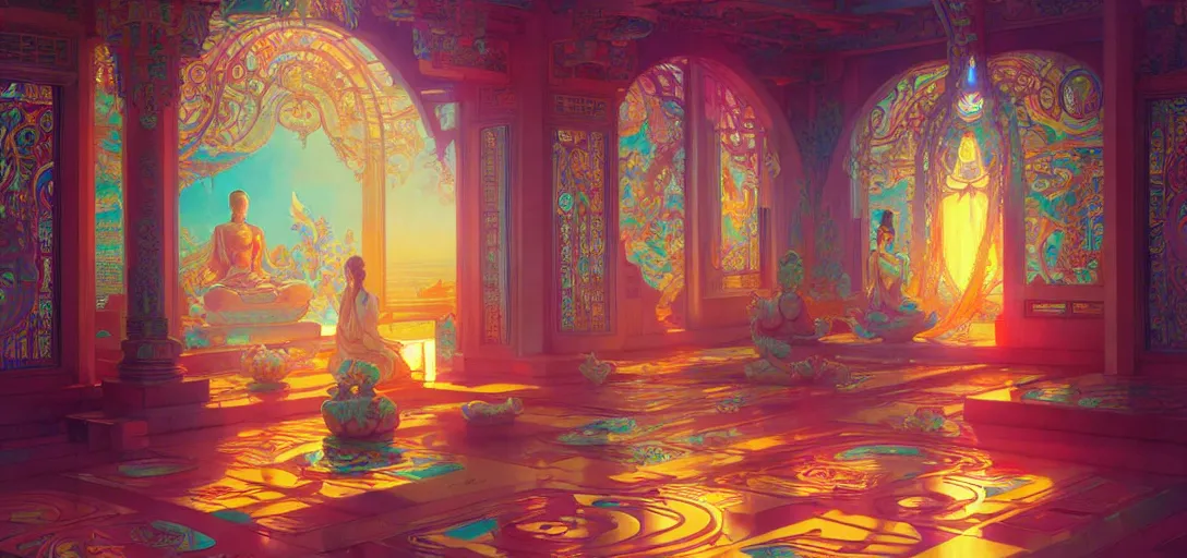 Image similar to a buddhist temple, netrunner accents, vaporwave aesthetic, colorful, psychedelic, digital painting, artstation, concept art, smooth, sharp focus, illustration, art by artgerm and greg rutkowski and alphonse mucha