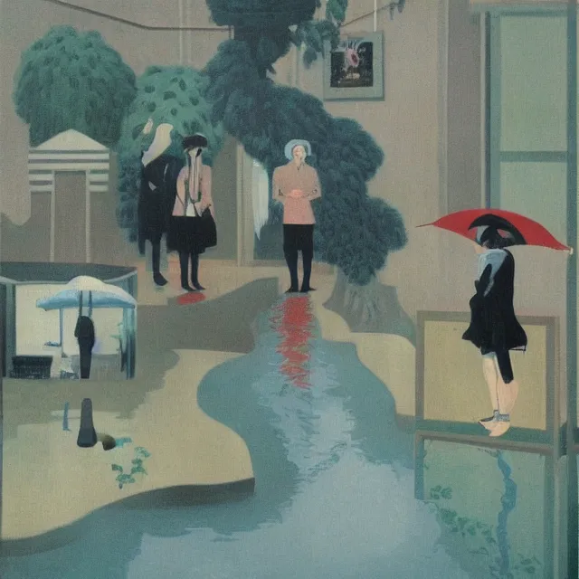 Image similar to painting of flood waters inside an apartment, tall female emo art student, a river flooding indoors, pomegranates, pigs, ikebana, water, river, rapids, waterfall, black swans, canoe, berries dripping, acrylic on canvas, surrealist, by magritte and monet