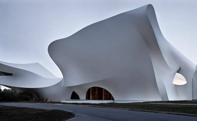 Image similar to exterior painting of a white architecture by zaha hadid and peter zumthor painted by greg ruthkowski, cinematic and atmospheric lighting