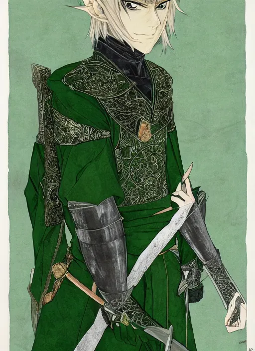 Image similar to half body portrait of a handsome blonde elf male diplomat in green and sliver tunic. detailed, wearing kimono armour, by conrad roset, takato yomamoto, jesper ejsing, masamune shiro