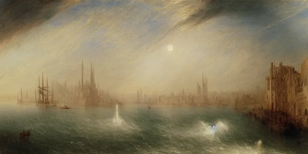 Prompt: illustration, concept illustration, a single giant ancient linear city on a single bridge, giant continent bridge city build over the ocean in a straight line, huge support buttresses, ships with sails go underneath, fades to the horizon, Claude de Jongh, j m w turner