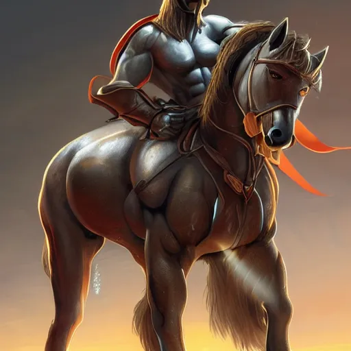 Prompt: a musclebound anthropomorphized horse with a magnificently muscular physique wearing a tight leather battle outfit standing guard at a facility, equine, anthro art, furaffinity, highly detailed, digital painting, artstation, sharp focus, game art, concept art, illustration, art by artgerm, greg rutkowski, wlop