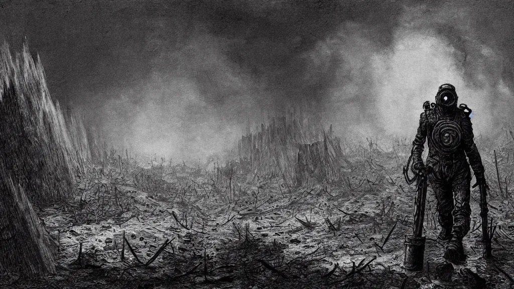 Image similar to Fallout, soldier with a gasmask, dark clouds, fire, burning, dark, eerie, night, dystopian, city, eldritch, illustration by Gustave Doré