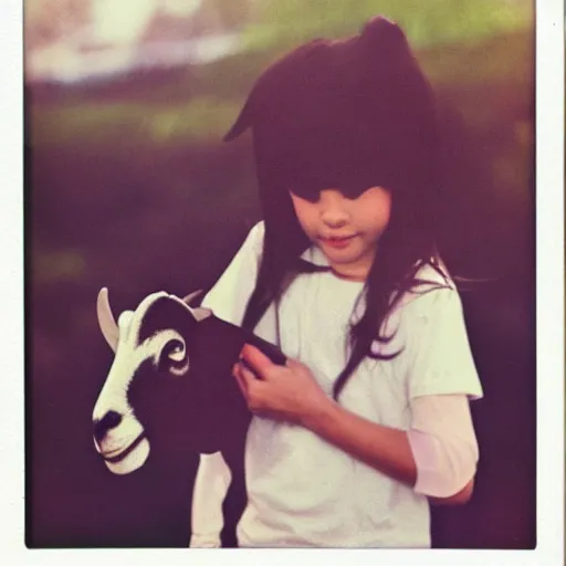 Prompt: polaroid of a girl with a goat mask,