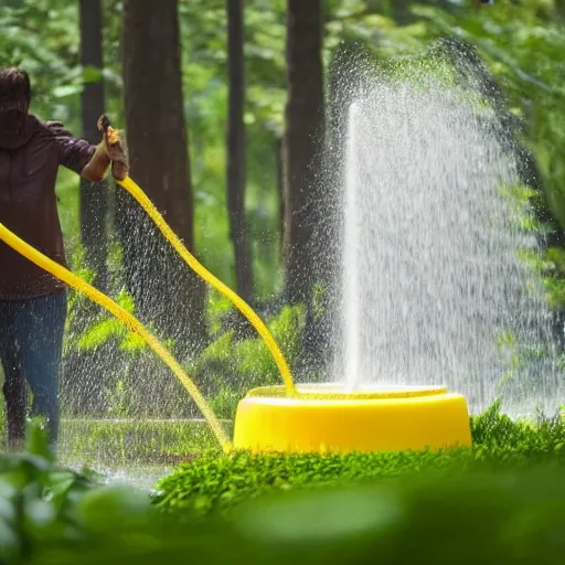 Prompt: person in a forest, wearing a yellow slicker, using a garden hose as a fountain, water pouring over their head