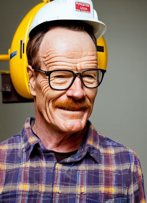 Image similar to closeup portrait of cheerful bryan cranston with a long crane neck, construction, yellow hardhat, sitting in a crane, natural light, bloom, detailed face, magazine, press, photo, steve mccurry, david lazar, canon, nikon, focus