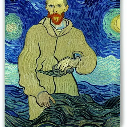 Image similar to a guy with white hoodie in the abyss of the sea, very deep, by van gogh