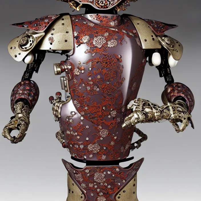 Image similar to ceramic cyborg, armor with Kakiemon design with plums and stylized flowers in glaze and gilding Edo period 1670–1690, diffuse lighting, fantasy, intricate, elegant, highly detailed, lifelike, photorealistic, digital painting, artstation, illustration, concept art, smooth, sharp focus, art by John Collier and Albert Aublet and Krenz Cushart and Artem Demura and Alphonse Mucha