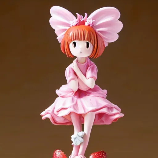 Prompt: a ceramic figurine of a cute funny strawberry fairy with a frilly floral dress featured on yotsubato, by hayao miyazaki, pastels, wide angle, dynamic pose, 🎀 🍓 🧚