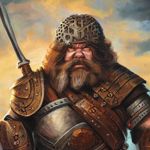 Prompt: A dwarven warrior holding his weapon backwards while crockeyed with a furrowed brow, oil painting, portrait, d&d, armored