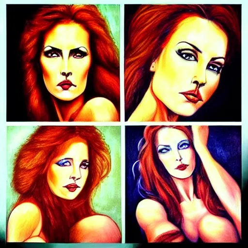 Image similar to “ five identical pretty women side by side, hyper realistic, in the style of julie bell ”