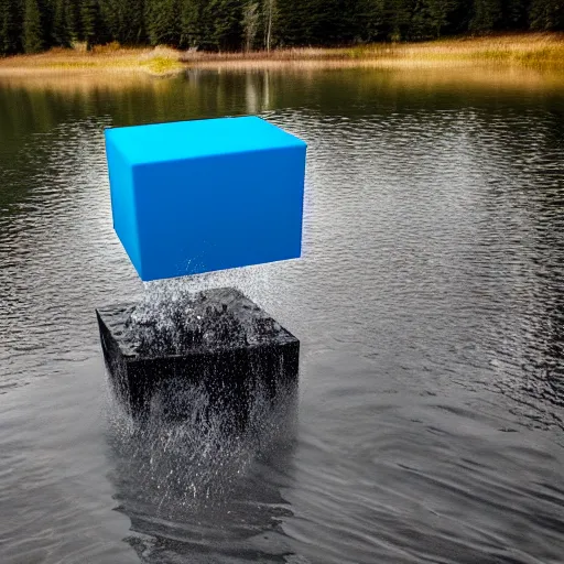 Prompt: a blue cube splashing into a turbulent lake