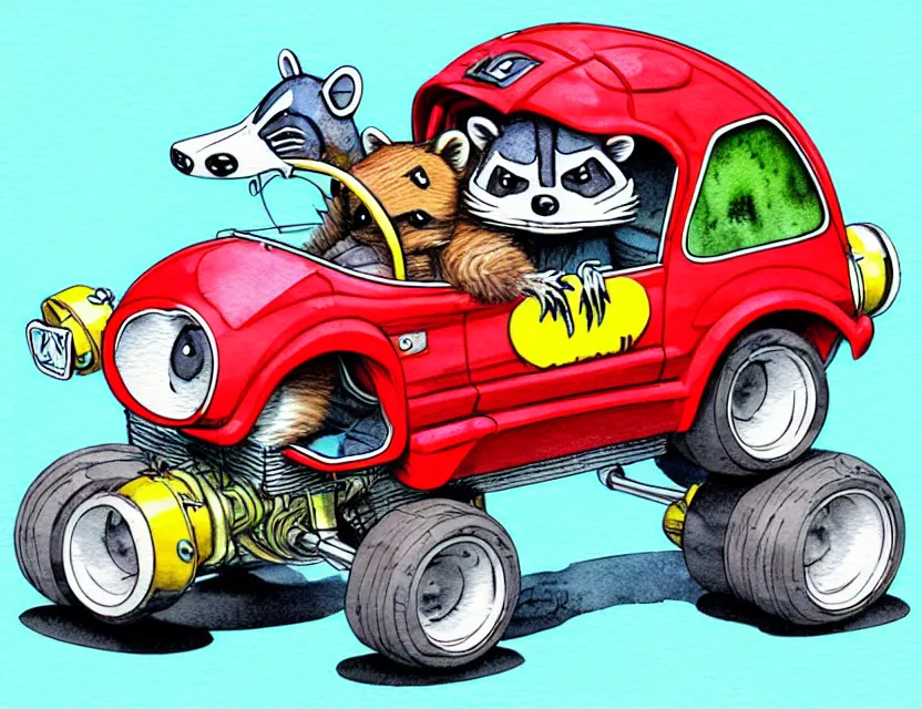 Image similar to cute and funny, < racoon wearing a red helmet > riding in a tiny hot rod with oversized engine, ratfink style by ed roth, centered award winning watercolor pen illustration, isometric illustration by chihiro iwasaki, edited by range murata, tiny details by artgerm and watercolor girl, symmetrically isometrically centered