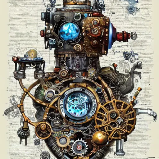 Prompt: a full page concept designs of a robotic heart device powered by magic gems, steampunk blueprint, intricate details, ink on paper, scientific, Highly detailed labeled, poster, peter mohrbacher,