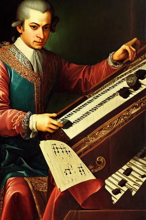 Image similar to a stunning renaissance painting of Wolfgang Amadeus Mozart playing a modular synthesizer, strong dramatic lighting, highly detailed, oil on canvas, HD, 4K