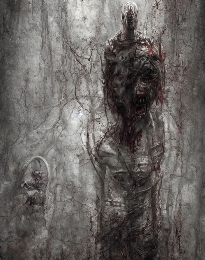 Image similar to silent hill illustration of a disturbing pseudohuman monster design with an iron cage head, art by Masahiro Ito, silent hill concept artwork, art by greg rutkowski, art by craig mullins, art by Masanori Warugai, art by Yoshitaka Amano