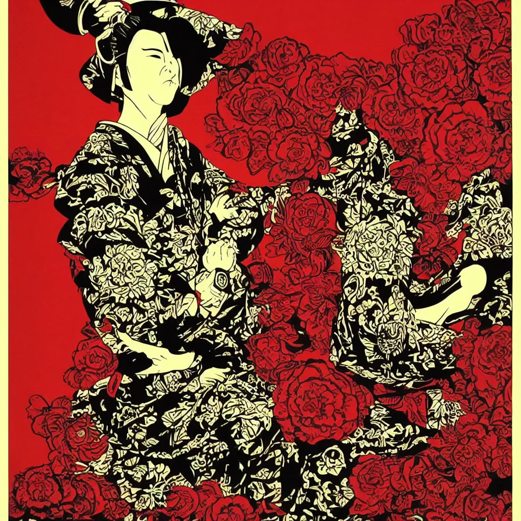 Image similar to poster of a beautiful meditating samurai by shepard fairey