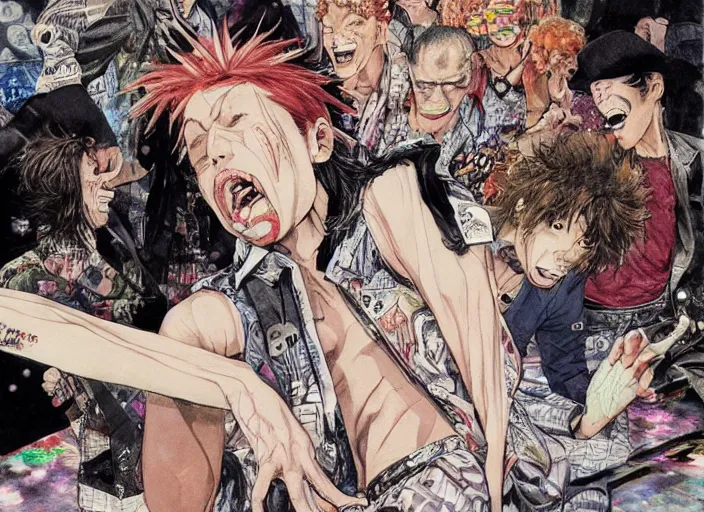 Prompt: scene of a funky disco crackhead passed out on the club dance floor, by takehiko inoue and kim jung gi and hiroya oku, masterpiece illustration, realistic face and anatomy