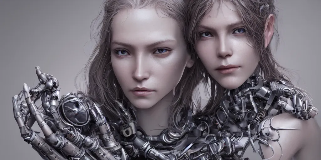 Image similar to photorealistic gorgeous symmetrical female cyborg, holding intimately, holding hands, highly detailed, arms, back, intricate, in the style of beth cavener, jin kagetsu, wlop, masterpiece, concept art, high key lighting, ambient lighting, octane render, 8 k, artstation