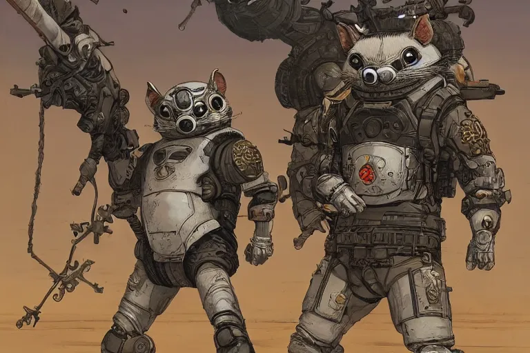 Image similar to anthropomorphic rodent with white and black ancestral ornate japanese tactical gear on an abandonment desert planet, high intricate details, long shot, rule of thirds, golden ratio, graphic novel by fiona staples and dustin nguyen, by beaststars and orange, peter elson, alan bean, studio ghibli, makoto shinkai