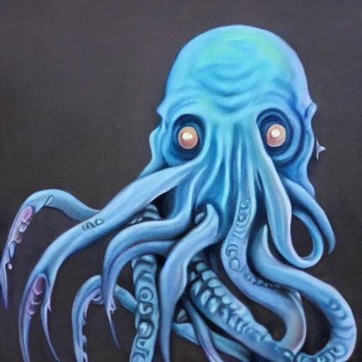 Image similar to cthulhu with indigo hair, realistic painting