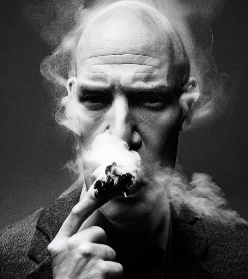 Prompt: annie liebowitz photo of a man who's head is turning into a puff of smoke, award winning photo