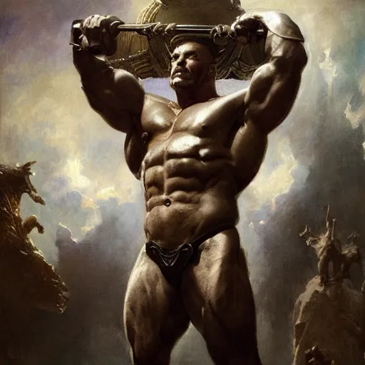 Image similar to handsome portrait of a minotaur bodybuilder posing, radiant light, caustics, war hero, steel bull run, by gaston bussiere, bayard wu, greg rutkowski, giger, maxim verehin