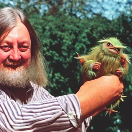 Image similar to robert wyatt holding a gremlin