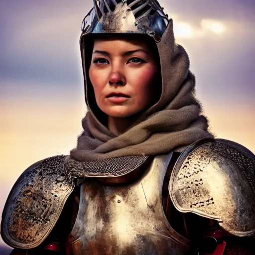 Prompt: head and shoulders portrait of a female knight, steppe warrior, photography by jimmy nelson, dramatic mountain background, golden hour, hq