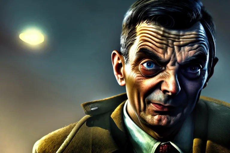 Image similar to fallout 5, detective mr bean as protagonist, face closeup, atmospheric lighting, painted, intricate, volumetric lighting, beautiful, daytime, winter, clear weather, mutated wildlife, sharp focus, deep colours, ultra detailed, art by william turner
