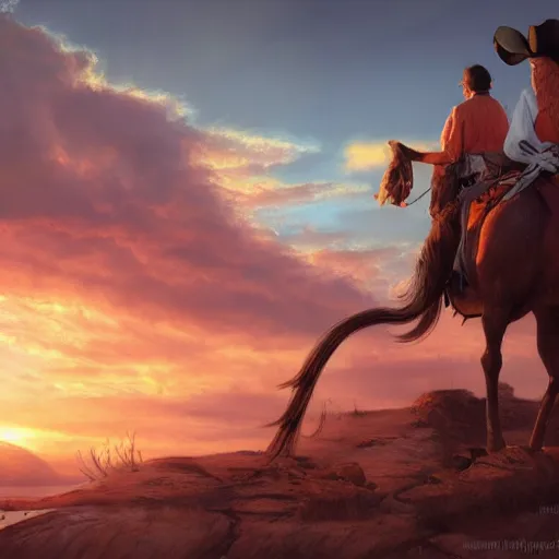 Image similar to a wounded cowboy watching a sunset, concept art, DeviantArt, art station, illustration, highly detailed, artwork, cinematic, hyper realistic