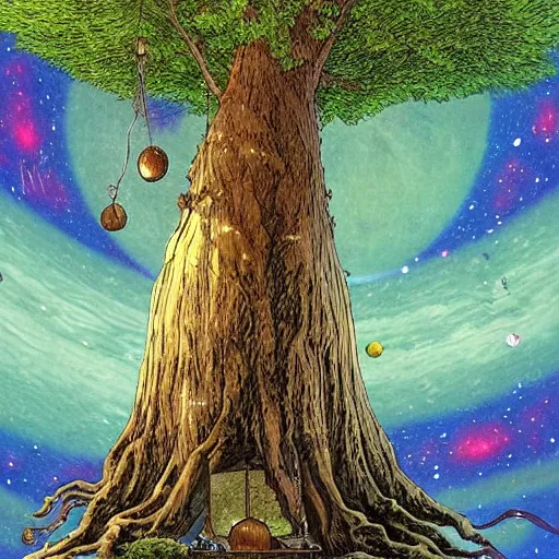 Image similar to a large tree rooted in a large crystal that is floating in space, by moebius