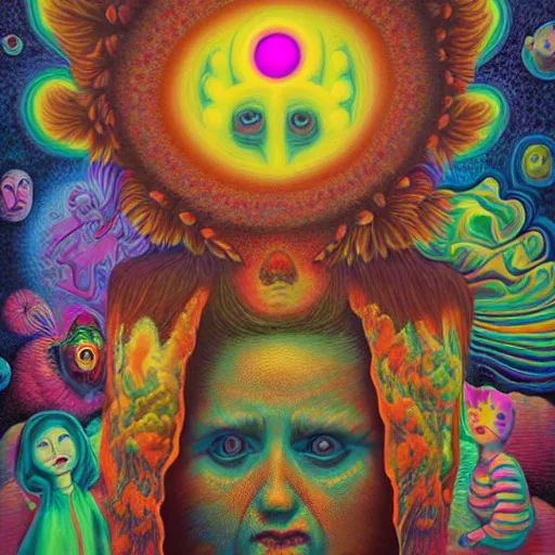 Image similar to Psychedelic LSD experience with insane trippy visuals in the style of an album cover by Mark Ryden and Alex Gross, Todd Schorr ,highly detailed, 8k UHD