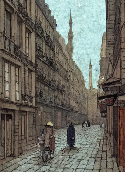 Prompt: illustration of a medieval desolate paris street scene by shaun tan, clean, emptyness, torn paper decollage, graphic novel, oil on canvas by edward hopper, ( by mattias adolfsson ), by moebius