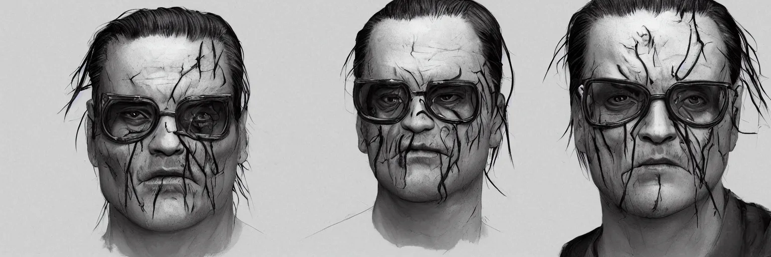 Prompt: character study of mike patton and slipknot face, male, glasses, evil, scary man, character sheet, fine details, concept design, contrast, kim jung gi, greg rutkowski and francis bacon, trending on artstation, 8 k, full body and head, turnaround, front view, back view, ultra wide angle