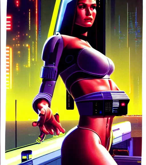 Image similar to cable plugged in, side of head, very very beautiful woman, cyberdeck computer terminal, street level night city, 1 9 7 9 omni magazine cover, style by vincent di fate, artgerm, cyberpunk 2 0 7 7, very coherent, detailed, 4 k resolution, unreal engine, daz