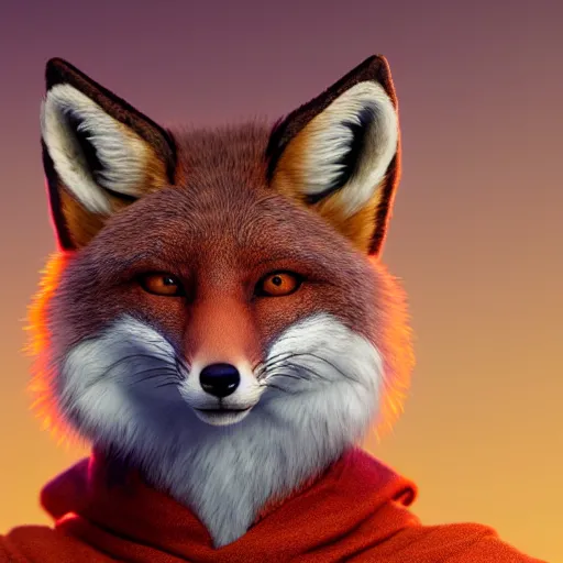 Prompt: a highly detailed portrait of a humanoid light brown fox, with a white muzzle, bright orange eyes, in a purple cloak, artstation, DeviantArt, professional, octane render