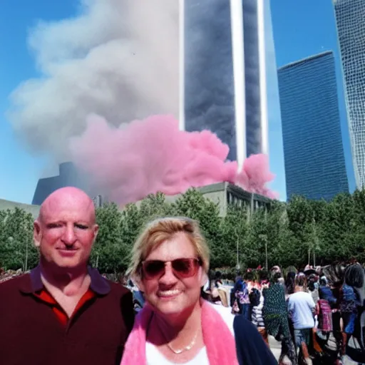 Prompt: a proud couple standing in front of 9 / 1 1 with pink smoke