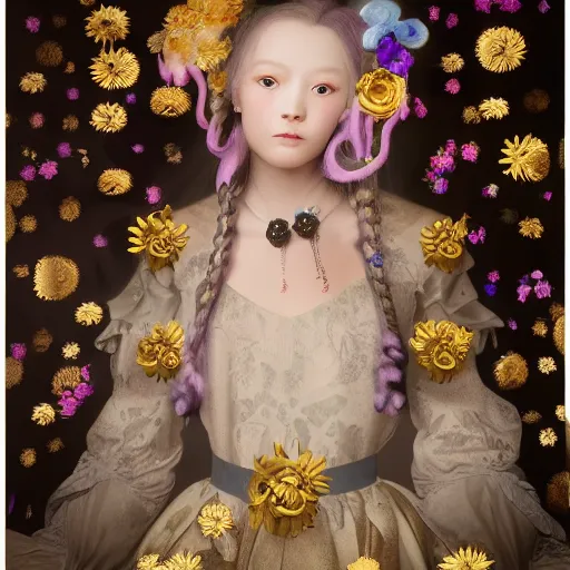 Image similar to 8k, octane render, realism, tonalism, renaissance, rococo, baroque, portrait of a young lady wearing long harajuku manga dress with flowers and skulls, background chaotic gold leaf flowers