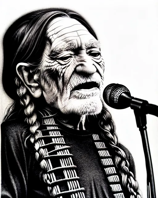 Image similar to a photorealistic portrait of willie nelson singing, pencil drawing, hyperrealist