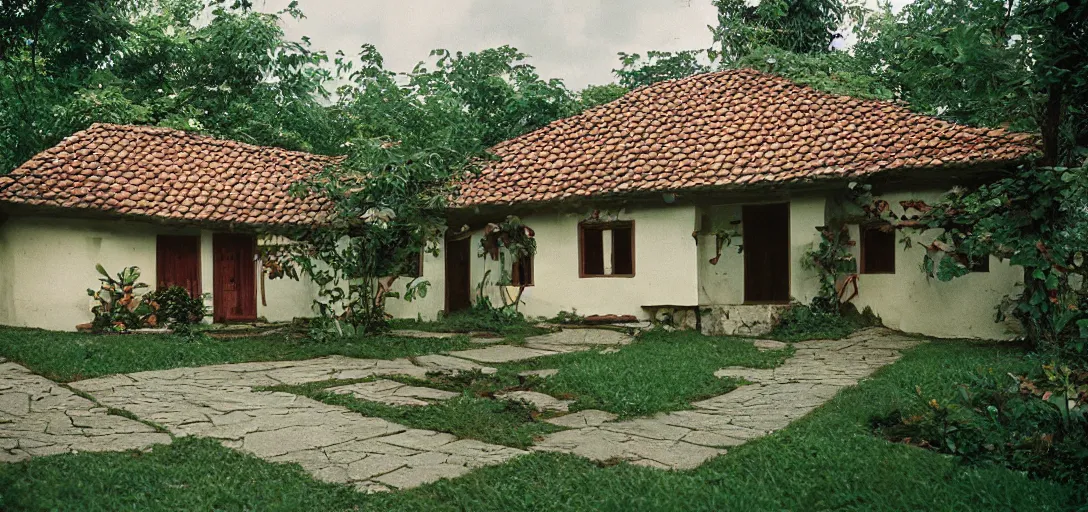 Image similar to house in carpathian vernacular style. outdoor landscaping designed by roberto burle marx. fujinon premista 1 9 - 4 5 mm t 2. 9. portra 8 0 0.