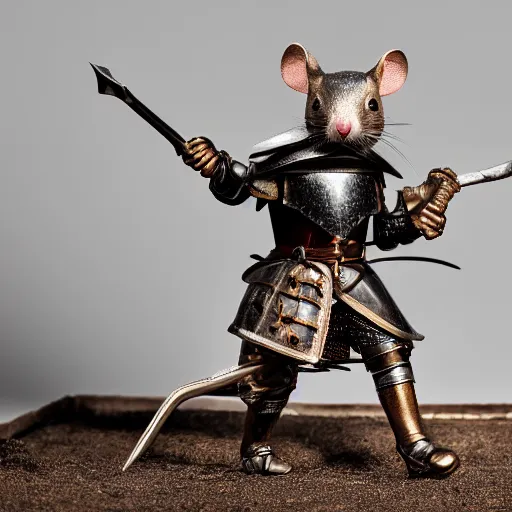 Prompt: photo of a diorama of mice in medieval battle armor, studio lighting, nikon lens, black background