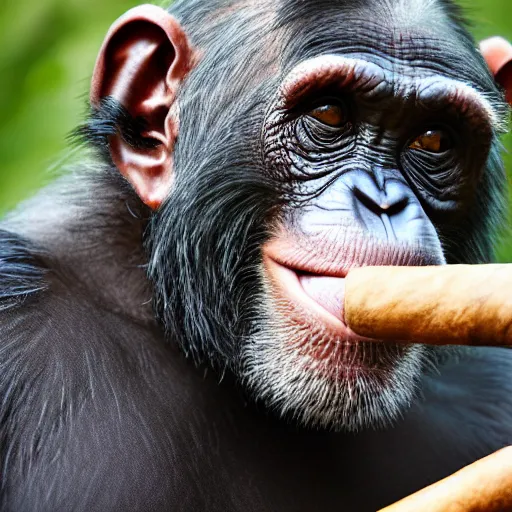 Image similar to a high detail closeup shot of a chimp wearing a suit, smoking a cigar