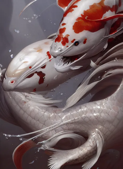 Image similar to subsurface scattering, white, koi, samurai with scale armor and plumes, by jesper ejsing, justin gerard, tomasz alen kopera, cgsociety and fenghua zhong, highly detailed, rim light, cinematic lighting, illustration, art, octane render, very coherent, cinematic, hyper realism, high detail, octane render, 8 k