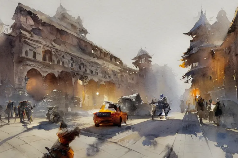 Prompt: small centered on watercolor paper, paint brush strokes, abstract watercolor painting of ancient city palace, cinematic light, national romanticism by hans dahl, by jesper ejsing, by anders zorn, by greg rutkowski, by greg manchess, by tyler edlin