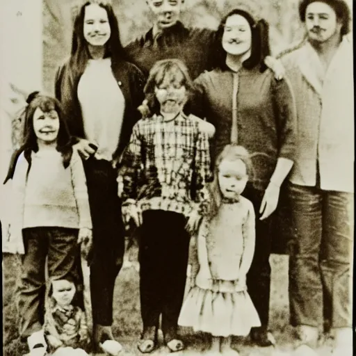 Prompt: an old grainy family photo of various monsters