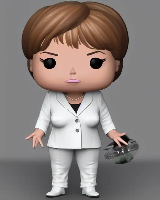 Image similar to full body 3d render of angela merkel as a funko pop, studio lighting, white background, blender, trending on artstation, 8k, highly detailed